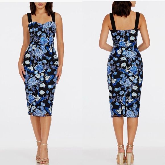 Dress the Population Nicole Floral Cocktail Sheath Dress, Blue/Black, Small, NWT - Picture 1 of 5